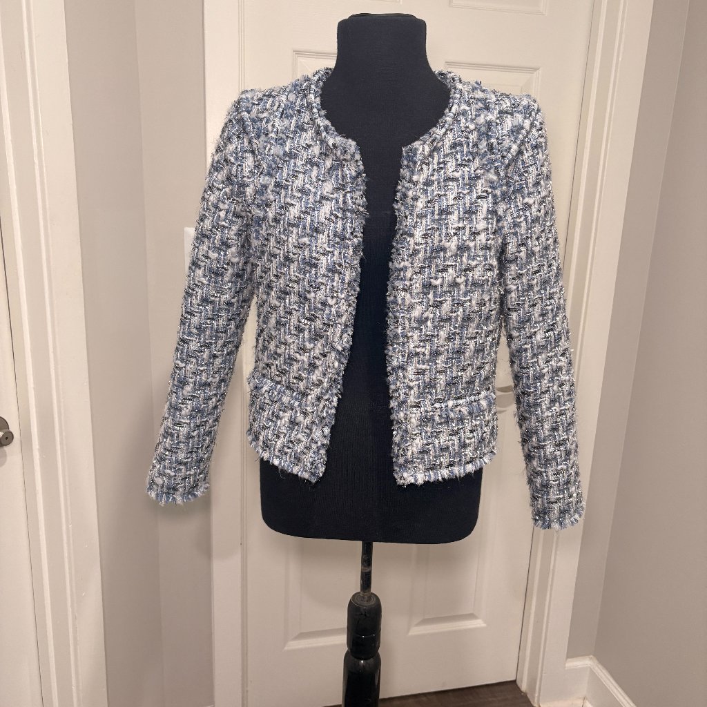 Iro Disco Tweed Jacket In Blue, Black And White With Metallic Threads, Sz 36